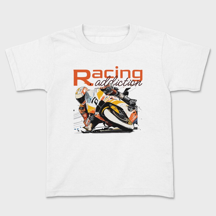 Tilted Competition Motorcycle With Rider Racing Addiction, Kids' T-Shirt