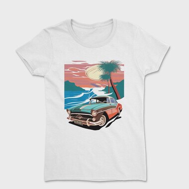 80S Classic Car Sunset Mountains Beach Trees, Women's T-Shirt