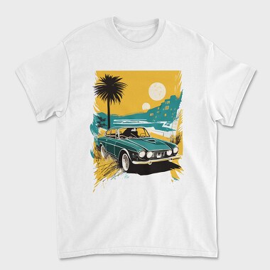 Classic Car Palm Trees Sun Sea City, Унисекс Мъжка Тениска