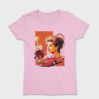 Classic Convertible Car Palm Trees Retro Girl, Дамска Тениска
