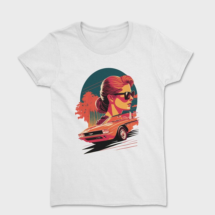 Iconic Classic Convertible Palm Trees Retro Girl, Дамска Тениска