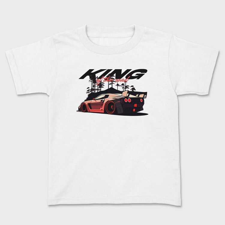 King of the Road Sports Car Parked Mountain Trees, Kids' T-Shirt