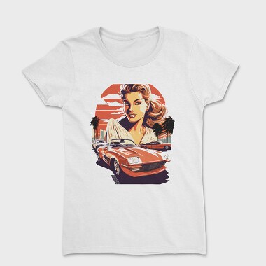 Retro Car Convertible With Girl and Trees, Women's T-Shirt