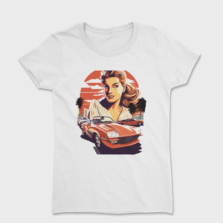 Retro Car Convertible With Girl and Trees, Дамска Тениска
