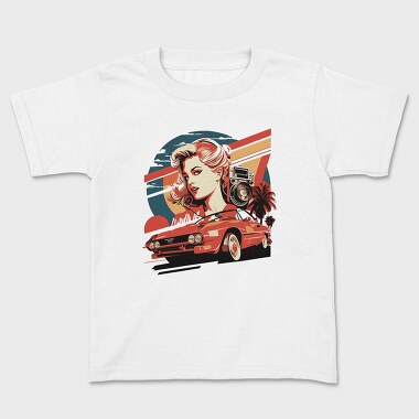 retro car sunset girls, Kids' T-Shirt