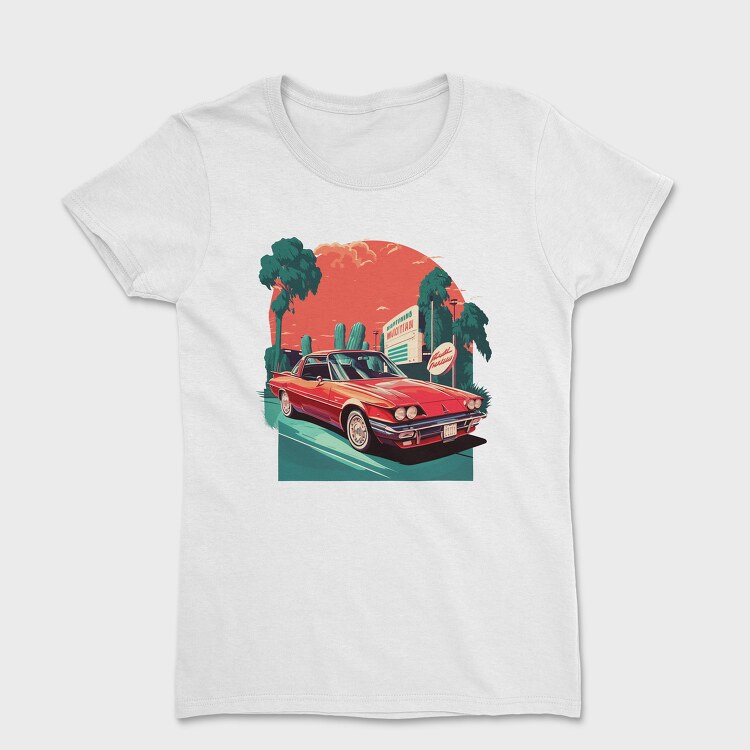 Retro Classic Car Greenish Landscape, Дамска Тениска