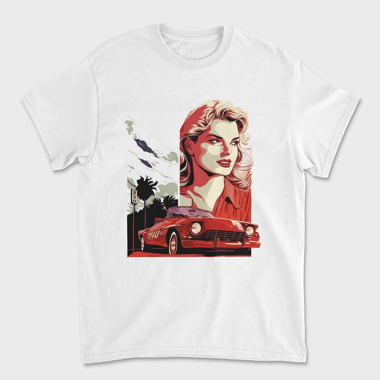 Retro Convertible Car With Woman and Nature, Унисекс Мъжка Тениска