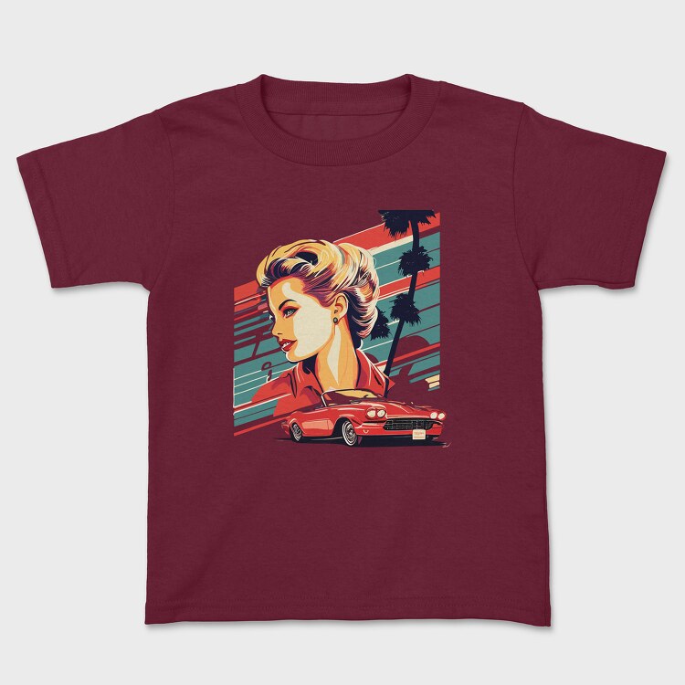 Vintage Car Convertible With Girl and Trees, Детска Тениска