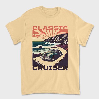 Vintage Car Driving Coastal Road, Unisex Men's T-Shirt