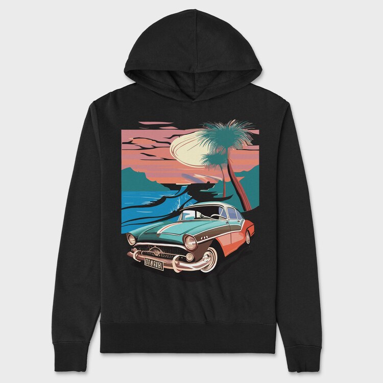 80S Classic Car Sunset Mountains Beach Trees, Unisex Men's Hoodie