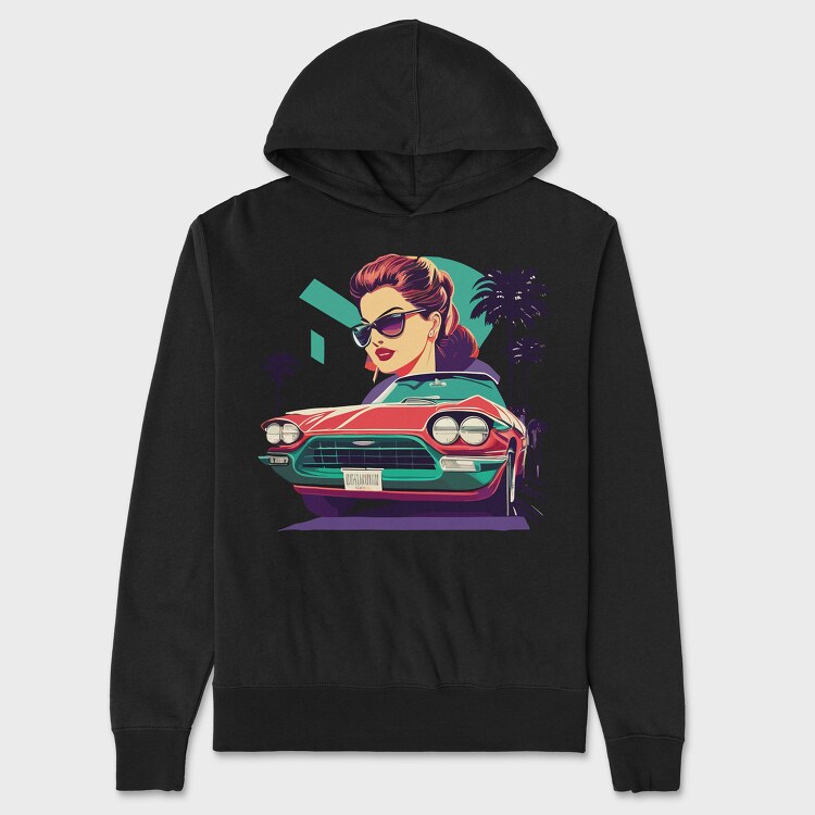 Vintage Convertible With Girl in Scenic, Unisex Men's Hoodie