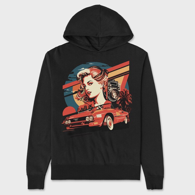 retro car sunset girls, Unisex Men's Hoodie