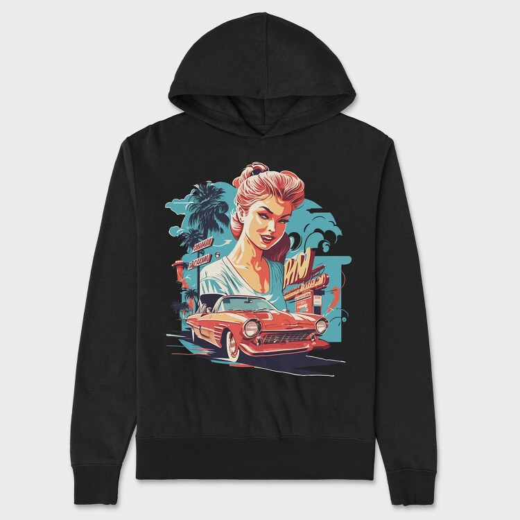 Retro Convertible Classic Car Palm Trees, Unisex Men's Hoodie