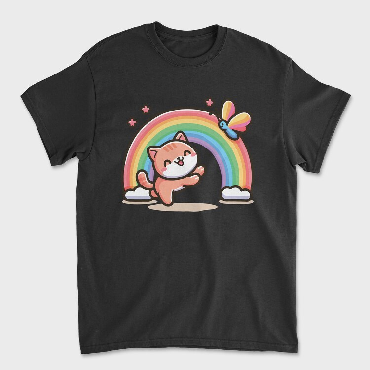 Cat Rainbow Cartoon, Унисекс Мъжка Тениска