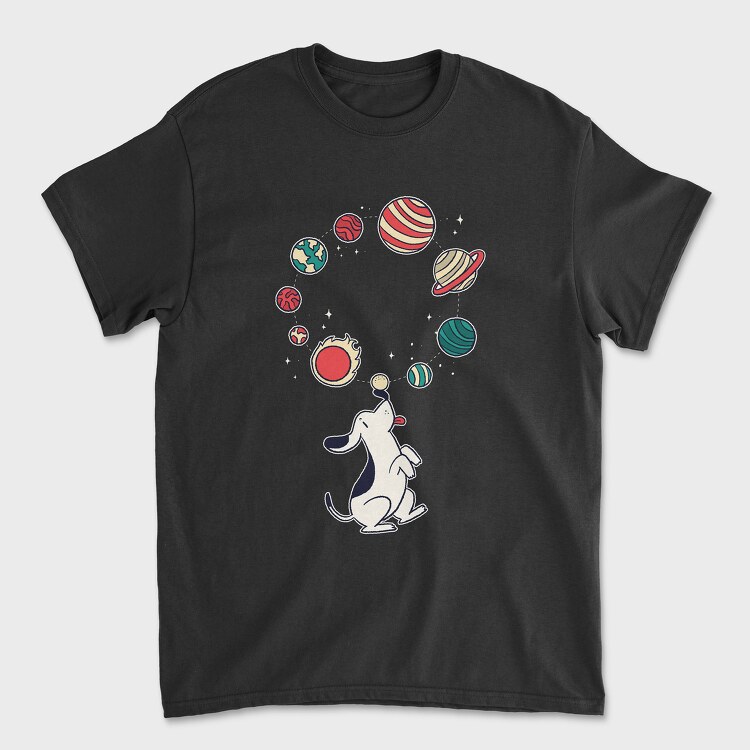 Dog Juggling Planets, Unisex Men's T-Shirt
