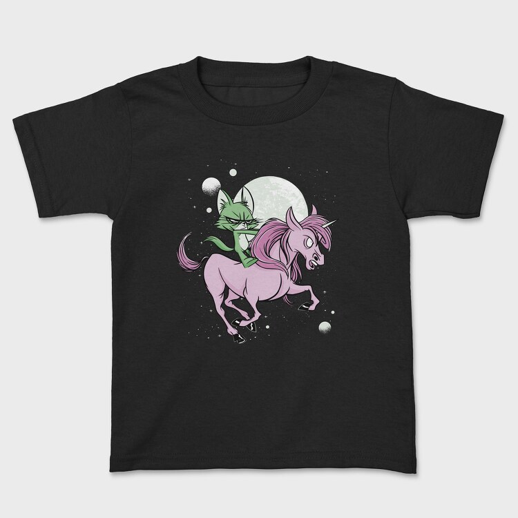Green Cat Riding Unicorn, Kids' T-Shirt
