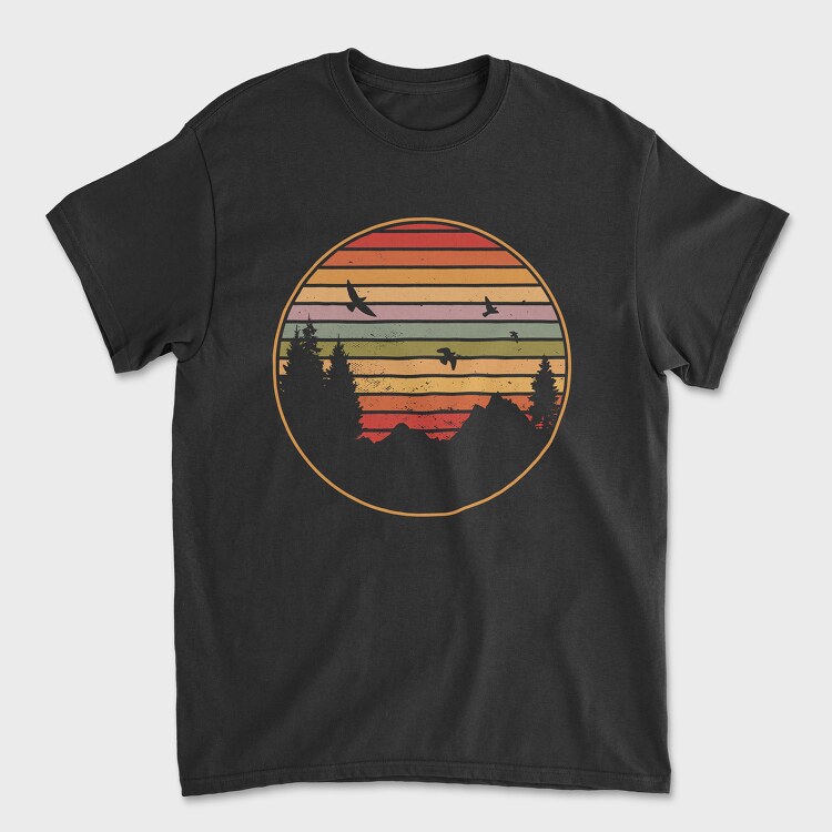 Mountains and Tree Retro Sunset, Унисекс Мъжка Тениска