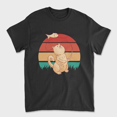 Унисекс Мъжка Тениска, Cat Fishing Retro Sunset