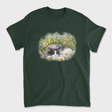 Cat Sleeping in Flower Field, Unisex Men's T-Shirt
