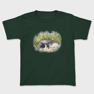 Cat Sleeping in Flower Field, Kids' T-Shirt