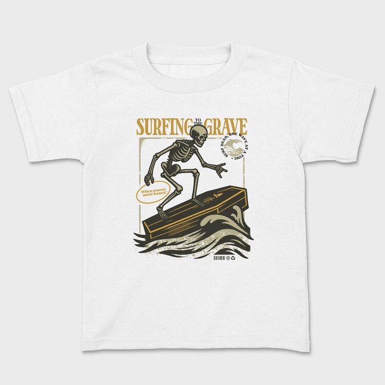 Surfing Grave Skeleton, Kids' T-Shirt