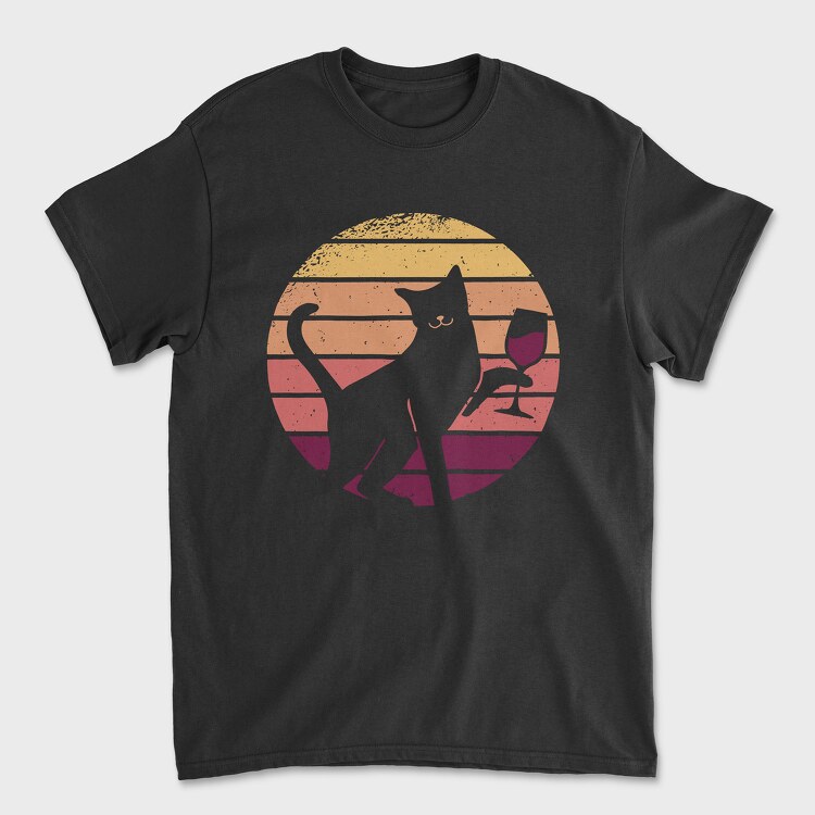 Cat With a Glass of Wine Retro Sunset, Унисекс Мъжка Тениска