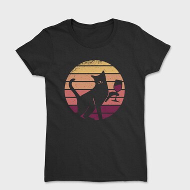 Cat With a Glass of Wine Retro Sunset, Women's T-Shirt