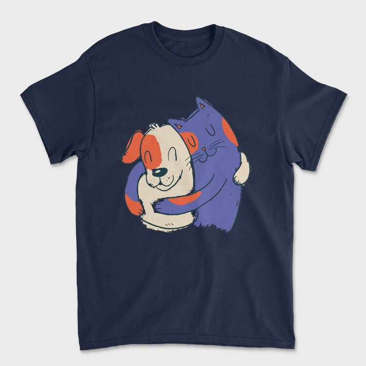 Blue Cat and Dog Hugging, Unisex Men's T-Shirt