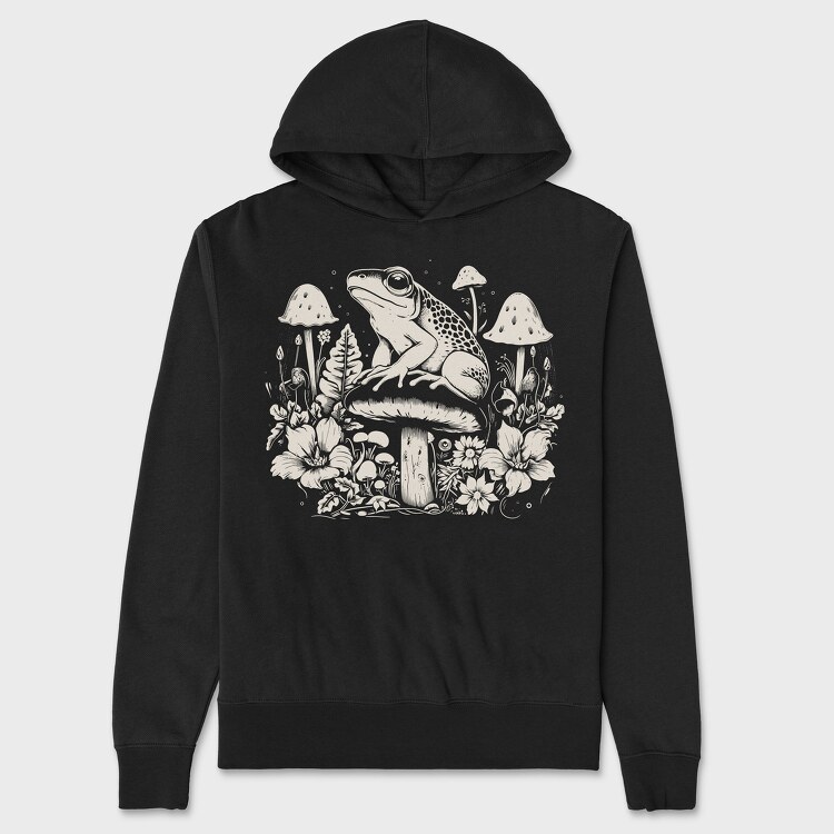 Monochrome Frog on Mushroom, Unisex Men's Hoodie