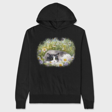 Cat Sleeping in Flower Field, Unisex Men's Hoodie